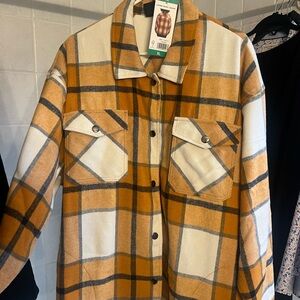 Stylish Tan and White Plaid Utility Jacket